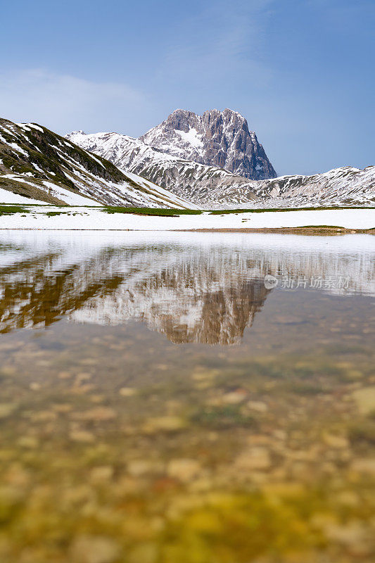 在Campo Imperatore，意大利Abruzzi的一个小湖后面的Corno Grande